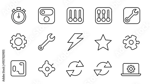A collection of black and white linear icons representing various tools settings and concepts like time adjustments and technology high quality professional detailed modern elegant stylish