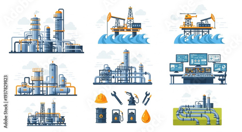 Industrial oil and gas production and refining facilities.