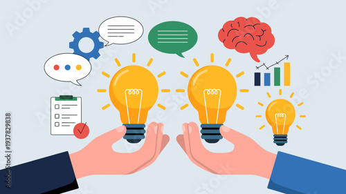 Hands are carefully holding three glowing lightbulbs symbolizing ideas with supporting icons of thought communication and analysis high quality professional detailed modern elegant stylish clean crisp