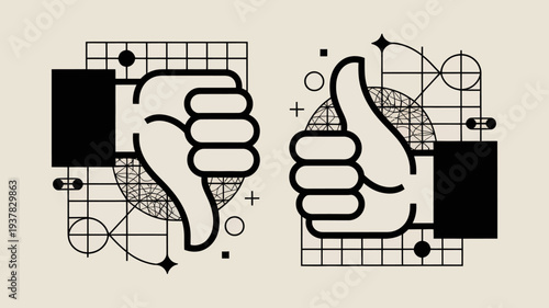 A minimalist illustration depicts two hands giving opposing thumbs up and down signs framed by geometric shapes and lines high quality professional detailed modern elegant stylish