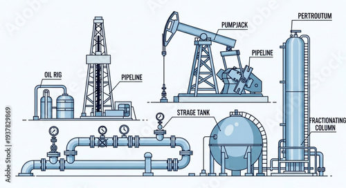 Oil drilling rig and pumpjack with storage tank and pipelines.
