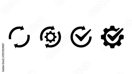 A collection of four distinct black icons representing processes settings and confirmation displayed in a horizontal row high quality professional detailed modern elegant stylish clean crisp