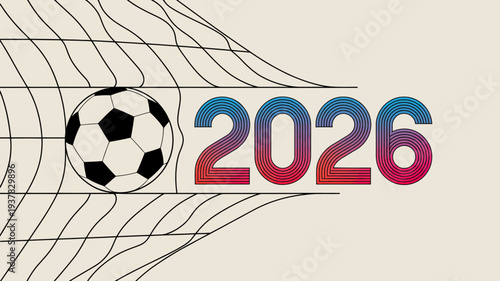 A stylized graphic depicts a soccer ball alongside the year 2026 suggesting a future world cup or major soccer event high quality professional detailed modern elegant