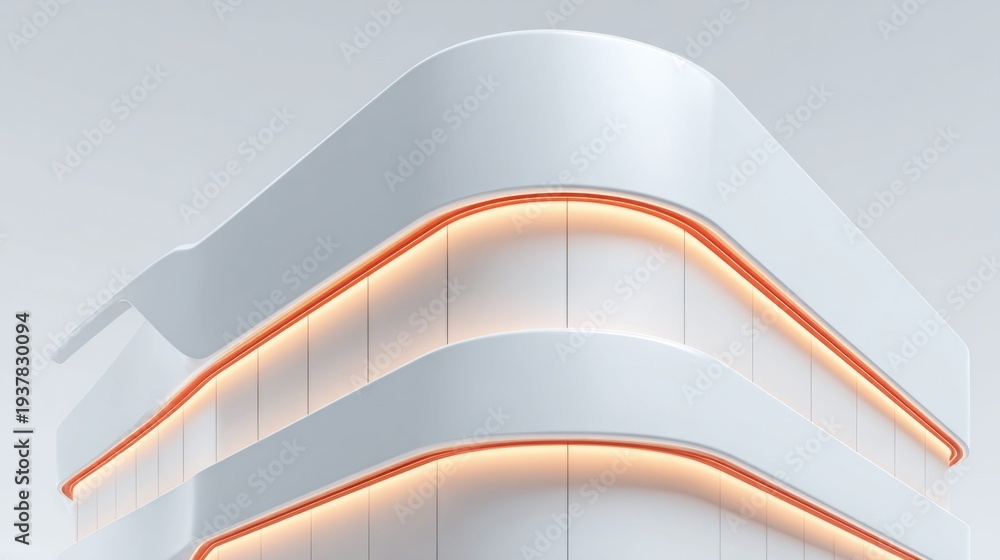Fototapeta premium Modern architectural building facade with curved white elements and orange accent lighting