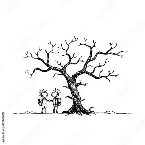 Two cartoon characters standing under a large bare tree with sprawling branches and roots looking up at it with backpacks on symbolizing exploration and adventure in a desolate