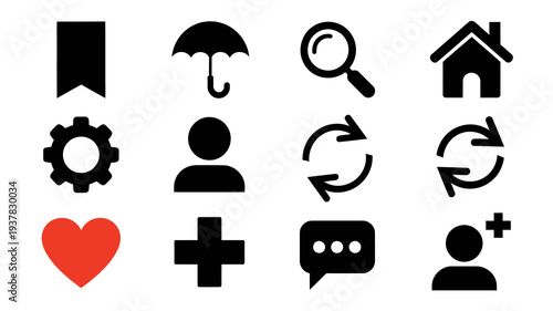A collection of black and red glyphs representing various concepts such as reading weather search and human interaction high quality professional detailed modern elegant stylish clean