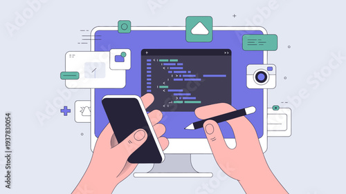 An illustrative image depicts a person interacting with a tablet and smartphone surrounded by icons representing coding and technology high quality professional detailed modern elegant stylish