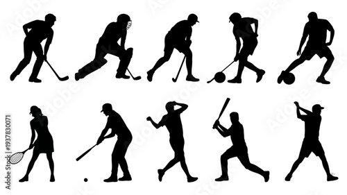 A collection of black silhouettes depicts athletes engaged in various sports showcasing dynamic poses and active movement high quality professional detailed modern elegant stylish clean crisp