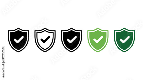 A series of shield icons with checkmarks inside varying in color from black to vibrant green displayed horizontally high quality professional detailed modern elegant stylish clean