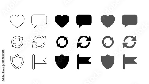 A collection of simple black and white icons depicting hearts speech bubbles arrows and shield symbols in various styles high quality professional detailed modern elegant stylish