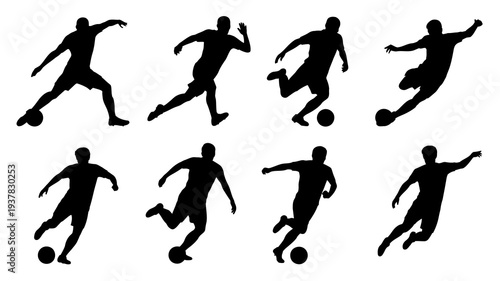 A collection of black silhouettes depicts dynamic soccer players in various action poses including kicking running and jumping with a ball high quality professional detailed modern