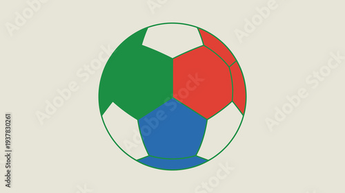 A colorful illustration depicts a classic soccer ball with pentagonal and hexagonal panels in red green white and blue high quality professional detailed modern elegant stylish