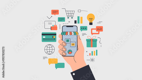A hand holds a smartphone displaying an online store interface surrounded by icons representing e commerce and digital marketing concepts high quality professional detailed modern elegant