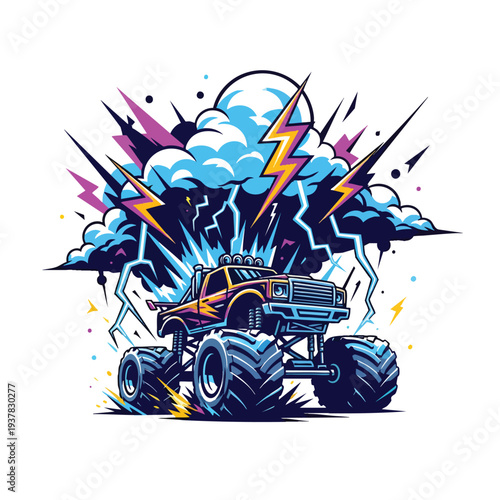 A vector illustration of a monster truck surrounded by lightning bolts and stormy clouds in a dynamic, colorful design. Perfect for posters, t-shirt prints, and automotive advertisements.
