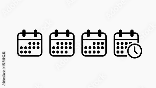 A series of four black line art calendar icons are displayed in a row with the final calendar including a clock symbol high quality professional detailed