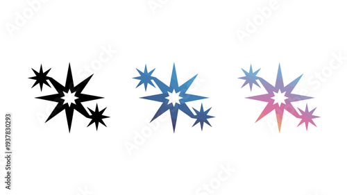 Three stylized starbursts are displayed transitioning from black to blue to pink and orange gradients against a white background high quality professional detailed modern elegant stylish