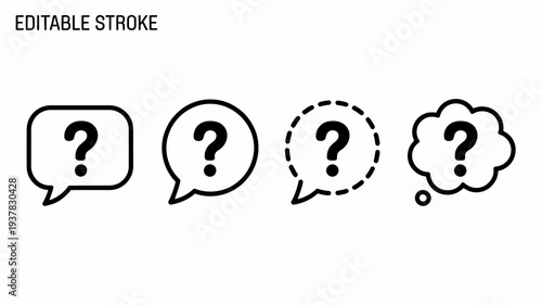 A series of four black outline thought bubbles each containing a question mark displayed in a linear arrangement on a white background high quality professional detailed