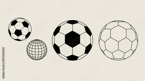 A minimalist composition depicts four spherical objects three resembling soccer balls and one a gridded globe in black outlines high quality professional detailed modern elegant stylish