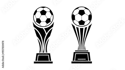 Two stylized black and white illustrations depict soccer trophies each featuring a classic soccer ball resting atop a pedestal like base high quality professional detailed modern
