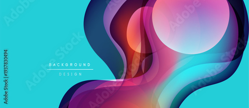 Abstract fluid shapes overlap, creating vibrant color gradients. Turquoise background complements magenta, pink, purple hues. Modern design element.
