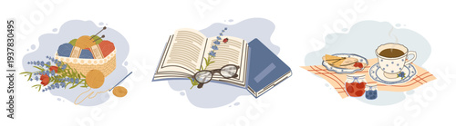 Cozy home hobby flat vector illustration set. Hand drawn compositions with knitting yarn, open books, lavender, tea cup and strawberry jam. Isolated elements for hygge lifestyle design.