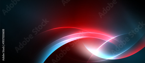 Abstract light curves blend vibrant blues, reds, whites. Smooth gradients create dynamic energy, modern aesthetic. Dark background emphasizes luminosity.