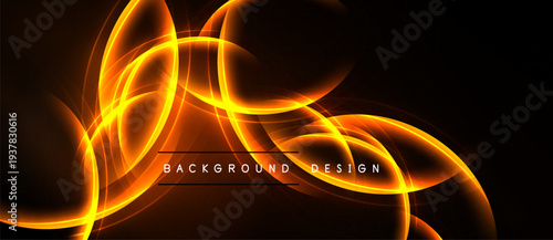 Dynamic orange lines swirl over dark background. Text reads background design. Bright energy radiates from center, creating abstract visual.