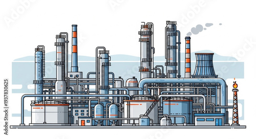 Industrial factory complex with pipes and towers emitting smoke.
