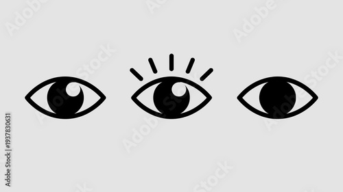 A minimalist illustration features three stylized eyes with the central eye depicted as radiating light or energy high quality professional detailed modern elegant stylish clean crisp