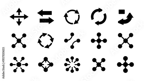A collection of black arrow and circular flow icons representing direction movement and connections in a minimalist style high quality professional detailed modern elegant stylish clean