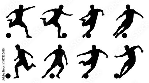 A collection of silhouette figures demonstrates various dynamic movements of a soccer player kicking and maneuvering with a ball high quality professional detailed modern elegant stylish