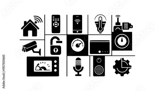 A collection of black and white security icons and symbols for technology and safety