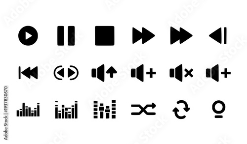 A set of black and white audio control icons for digital media
