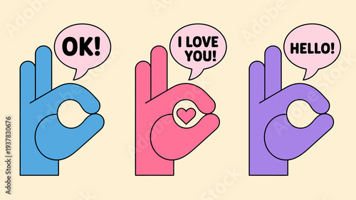 A colorful illustration depicts three hand gestures with speech bubbles expressing ok i love you and hello in a playful style high quality professional detailed modern