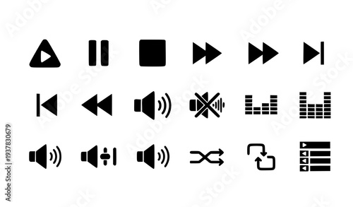 A set of black and white audio control icons for digital media