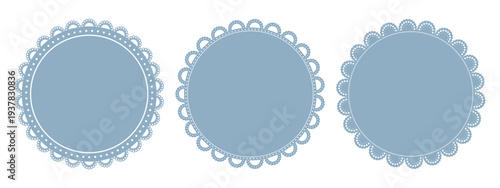 Light blue lace doily frames set. Three round napkins with scalloped borders, dotted trim. Paper coaster patterns with cutout edges. Vintage invitation, tea party mat, cake decoration. Vector.