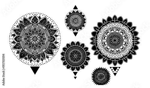 A set of intricate black and white mandala designs for tattoo or graphic use