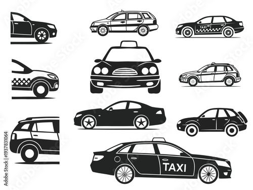 Set of Modern Passenger Vehicle and Taxi Silhouettes, Urban Transport and Automotive Fleet Icons for Ride Sharing and Logistics Company Branding Graphic on Transparent Background