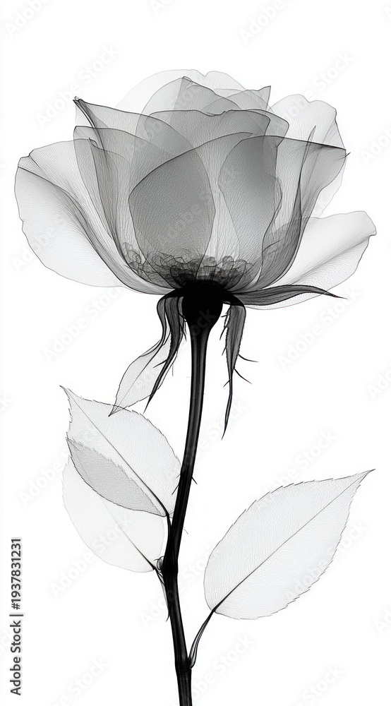 Fototapeta premium X-ray of a delicate rose revealing intricate petal structure and stem details