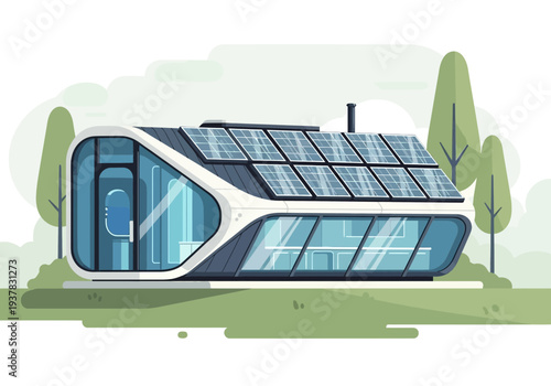 Futuristic eco-friendly house with solar panels on the roof, surrounded by trees, in a serene landscape, viewed from the side, in a 2D illustration