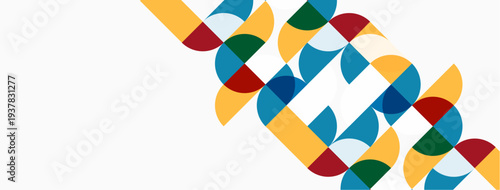 Abstract geometric pattern. Colorful overlapping semicircles create dynamic visual texture. White space dominates composition.