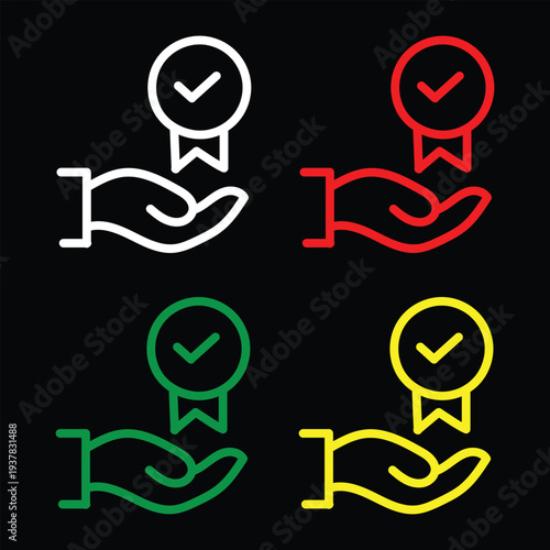 Quality guarantee, certification trust, approval minimal outline icon. Line sign hand holding award badge with check mark. Vector isolated pictograms for web app on white background editable stroke. 