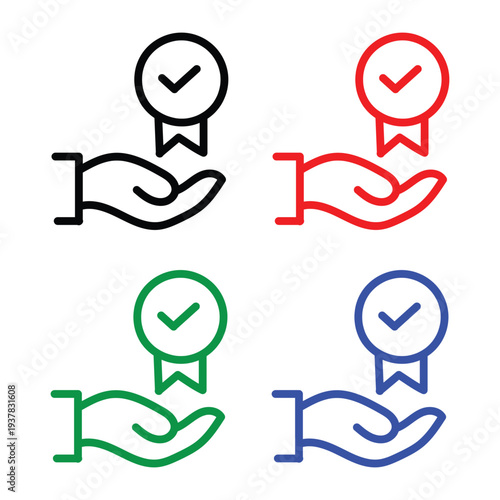 Quality guarantee, certification trust, approval minimal outline icon. Line sign hand holding award badge with check mark. Vector isolated pictograms for web app on white background editable stroke. 