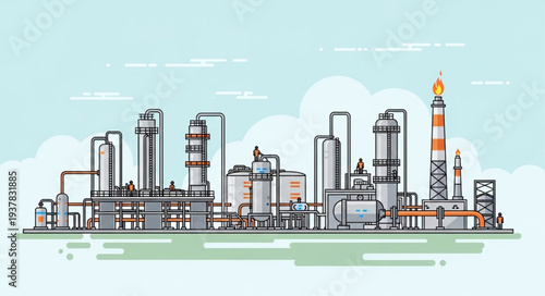 Modern industrial factory complex with tall towers and pipelines.
