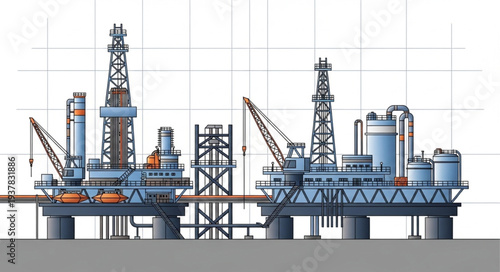 Offshore oil rig platform illustration with cranes and towers.