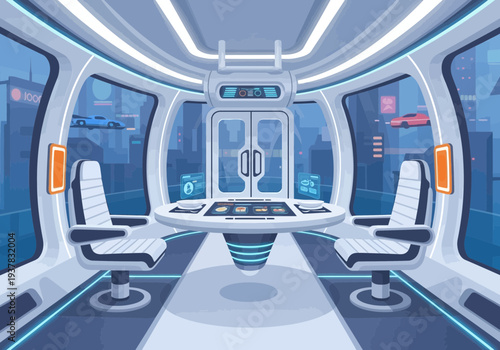 Futuristic spacecraft control room interior with sleek chairs and advanced navigation systems viewed from the rear