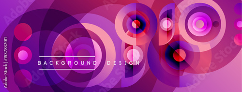 Abstract circles overlap, creating vibrant purple, pink gradients. Text reads background design centered within composition. Modern, dynamic visual.