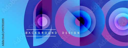 Abstract colorful circles overlap, creating dynamic background. Blue hues dominate, with purple accents. Modern design elements present.