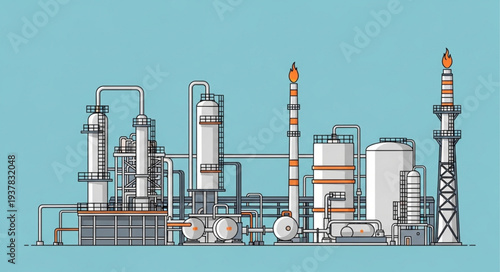 Industrial Oil Refinery Plant with Tall Stacks and Pipes.