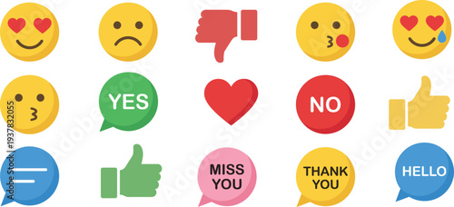 Colorful social media emoji icon set with like dislike heart chat bubbles hello thank you yes no symbols modern flat UI reactions